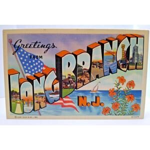 Greetings From Long Branch New Jersey Large Big Letter Postcard Linen Beach Town